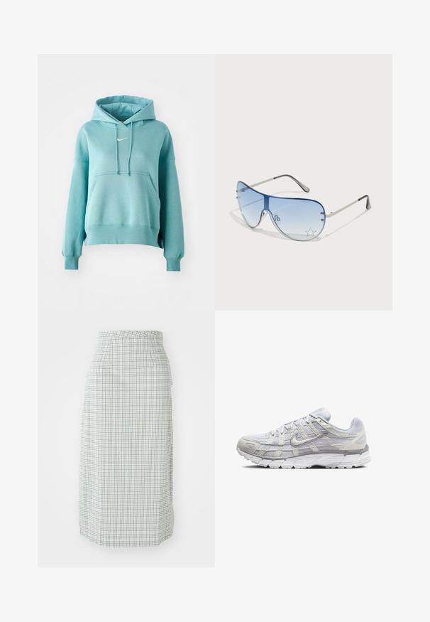 Tyrkysová mikina s kapucňou a klokánkovou kapsou, s rebrovanými manžetami a lemom. Má malé biele logo Nike na hrudi.; Sukňa po kolená v svetlozelenej a bielej kárované vzore, s hladkou textúrou a priliehavým strihom, s bočnými vreckami.; Svetlo šedé športové topánky s vrchom z ďalekého a syntetického materiálu, so šnurovacím uzáverom, polstrovaným golierom a štruktúrovanou podrážkou pre lepšiu priľnavosť.; Pilotné slnečné okuliare s prechodovým modrým sklom, strieborným kovovým rámom a ozdobnými hviezdičkovými akcentmi na sklách. Hladký a elegantný dizajn.