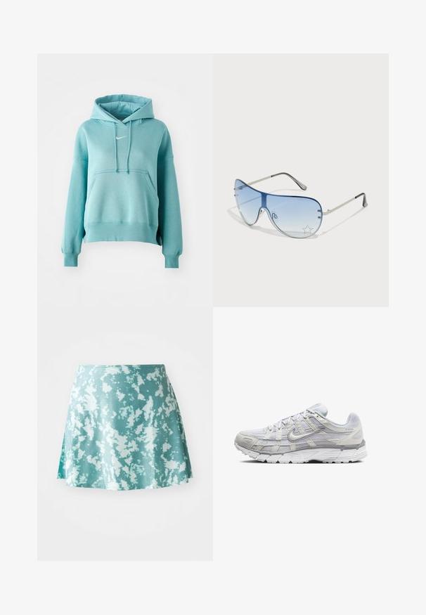 Sweatshirt capuz turquoise com bolso canguru, punhos e bainha canelados. Apresenta um pequeno logotipo branco da Nike no peito.; Uma saia skater verde menta com um padrão de respingos em branco, feita de tecido leve. Apresenta uma forma ligeiramente rodada e uma fenda lateral.; Sapatos atléticos cinza claro com parte superior em malha e sintético, apresentando um fecho de cordões, colarinho acolchoado e sola texturizada para aderência.; Óculos de sol aviador com lentes azuis em degradê, armação metálica prateada e detalhes decorativos de estrelas nas lentes. Design suave e elegante.