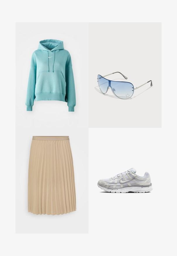 Tirkizna dukserica s kapuljačom, s kengurskom džepom, rebrastim manžetama i rubom. Ima mali bijeli Nike logo na prsima.; Bež suknja s plisama i ravnim pojasom. Tkanina je glatka, s vertikalnim naborima i rubom s valovitim obrubom. Elegantna i jednostavna dizajn.; Svijetlosive atletske cipele s mrežastim i sintetičkim gornjim dijelom, s vezanjem, podstavljenim ovratnikom i teksturiranim potplatom za bolje prianjanje.; Naočale tipa avijatičar s gradijentnim plavim staklima, okvirom od srebrnog metala i dekorativnim zvjezdastim naglascima na staklima. Glatki i elegantni dizajn.