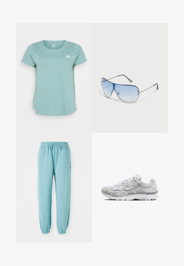 Tyrkismynte hettegenser med kengurulomme, ribbestrikkede mansjetter og kant. Har et lite hvitt Nike-logg på brystet.; Lys grønn kortermet t-skjorte laget av myk bomull. Den har rund hals og en liten hvit Nike-logo på brystet. Litt buet nederkant.; Lyseblå joggebukser laget av myk stoff med elastisk midje, snor detalj, og elastiske ermer ved anklene. Liten logo på siden.; Lys grå sportsko med overdel i mesh og syntetisk materiale, med snøring, polstret krave og strukturert såle for grep.; Pilotbriller med gradient blå linse, sølvfarget metallramme og dekorative stjerneaksenter på linsen. Glatt og stilren design.