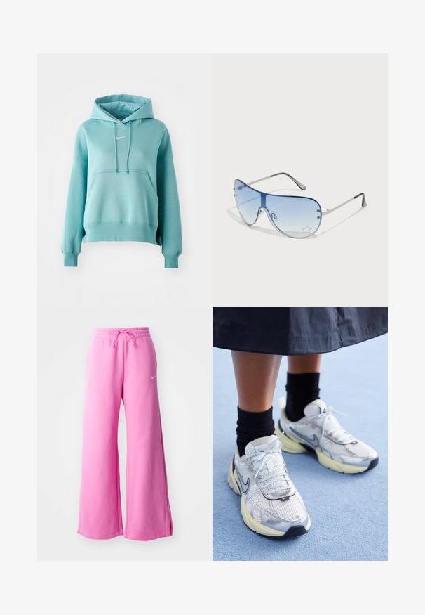 Türkoosis kapuutsiga spordijakk, millel on ees tasku, soonikud käiste ja allservas. Rinnal on väike valge Nike logo.; Roosa laia jala dressid, mis on valmistatud pehmest puuvillast, koos nööriga vöös ja väikese valge logoga ees.; Valged ja hõbedased Nike tennisajalatsid, millel on võrgukangas, peegeldavad detailid ja beež tald. Kantud mustade sokkidega, seisab sinisel pinnal.; Aviatori prillid, millel on gradient sinine objektiiv, hõbedane metallraam ja dekoratiivsed staaraktsendid objektiivil. Sujuv ja stiilne disain.