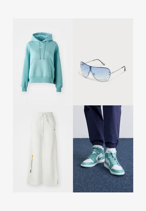 Turkoosi huppari, jossa on kenguru-tasku, resorit hihansuissa ja helman reunassa. Rinnassa on pieni valkoinen Nike-logo.; Valkoiset, leveät collegehousut, joissa on joustava vyötärö, nyöritys, sivuvetoketjut, musta Nike-logo ja kontrastivärinen keltainen grafiikkateksti.; Korkeat tennarit, joissa on valkoinen pohja ja teal-värisiä yksityiskohtia, strukturoidusta nahasta valmistettu pinta ja rei'itetty varvasosa. Mukana nauhat ja pehmustettu kaulus.; Aviator-mallin aurinkolasit, jotka ovat varustettu gradienttisilla sinisillä linsseillä, hopeisella metallikehyksellä ja koristeellisilla tähtikoristeilla linsseissä. Joustava ja viehättävä muotoilu.