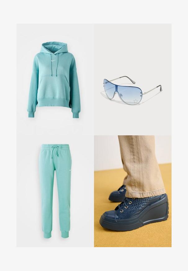 Türkisfarbener Kapuzenpullover mit Kängurutasche, gerippten Bündchen und Saum. Mit einem kleinen weißen Nike-Logo auf der Brust.; Mintgrüne Sweatpants mit einem elastischen Bund, Kordelzug und gerippten Bündchen. Auf der linken Oberschenkelseite befindet sich ein kleines weißes Nike-Logo.; Navy-Wedge-Schuhe aus strukturiertem Krokodilmuster, mit goldenen Ösen und einer Gummispitze, kombiniert mit beigen Stoffhosen.; Flugzeugbrille mit einem verlaufenden blauen Glase, silbernem Metallrahmen und dekorativen Sternelementen auf dem Glas. Glattes und elegantes Design.