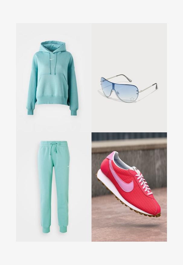 Tyrkysová mikina s kapucňou a klokánkovou kapsou, s rebrovanými manžetami a lemom. Má malé biele logo Nike na hrudi.; Mentolové tepláky s elastickým pásom, šnúrkou na stiahnutie a rebrovanými manžetami. Na ľavom stehne sa nachádza malé biele logo Nike.; Jasne ružové a červené pletené tenisky s svetlo ružovým logom a šnúrkami, bielou podrážkou a hnedým vzorom, vznášajúce sa nad betónovým povrchom.; Pilotné slnečné okuliare s prechodovým modrým sklom, strieborným kovovým rámom a ozdobnými hviezdičkovými akcentmi na sklách. Hladký a elegantný dizajn.