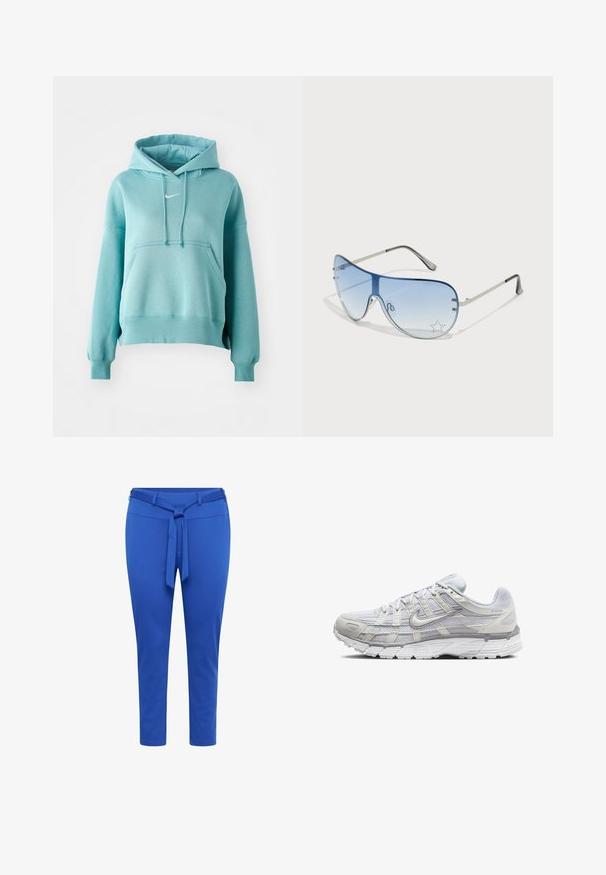Mėlynas su kapuche sportinis megztinis su kengūros kišene, gumuotais rankovėmis ir apvadu. Priekyje yra mažas baltas Nike logotipas.; Mėlynos taperio formos kelnės, pagamintos iš tamprios medžiagos, su diržu juosmenyje, pasižyminčios lygiu paviršiumi ir vidutiniu blauzdų ilgiu.; Šviesiai pilki sportiniai batai su tinkline ir sintetine viršutine dalimi, turintys raištelių užsegimą, paminkštintą apykaklę ir tekstūruotą padą geresnei sukibimo kokybei.; Aviatoriai akiniai su gradientiniais mėlynais objektyvais, sidabriniu metaliniu rėmu ir dekoratyvinėmis žvaigždžių akcentais ant objektyvų. Lygaus ir stilingo dizaino.