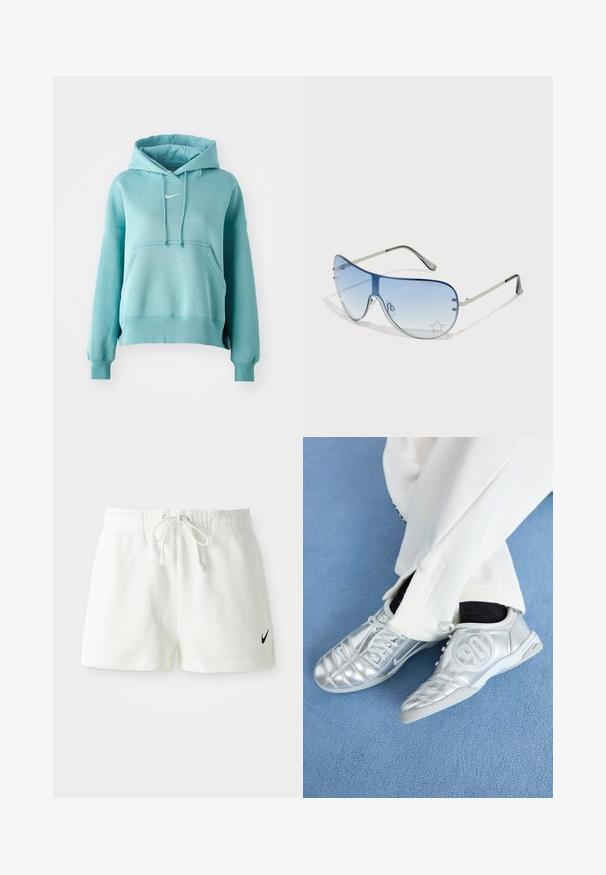 Turkizna kapuca s puloverjem s kenguru žepom, rebrastimi manšetami in robom. Na prsih je majhen bel Nike logotip.; Beli bombažni atletski kratki hlače z elastičnim pasom in vrvico, na levi nogi pa je majhen črn logotip Nike.; Srebrni atletski čevlji z gladkim, sijočim zaključkom, z našitim dizajnom in številko 90 na strani, v kombinciji z belimi hlačami.; Pilotne sončne očala z gradijentnimi modrimi lečami, srebrnim kovinskim okvirjem in okrasnimi zvezdastimi detajli na lečah. Gladek in eleganten dizajn.