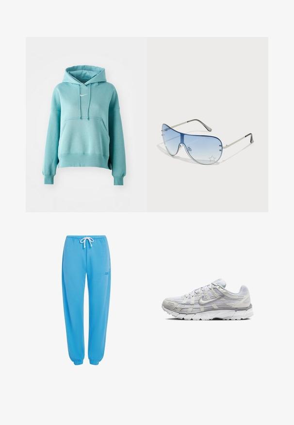 Tyrkysová mikina s kapucí, s klokaní kapsou, manžetami a lemem s žebrovaným vzorem. Obsahuje malé bílé logo Nike na hrudi.; Modré joggingové kalhoty vyrobené z měkké tkaniny, s elastickým pasem a nastavitelnými šňůrkami a elastickými manžetami na kotnících.; Světle šedé sportovní boty s vrchní částí z síťoviny a syntetického materiálu, vybavené šněrováním, polstrovaným límcem a texturovanou podrážkou pro lepší přilnavost.; Pilotské sluneční brýle s modrými gradientními skly, stříbrným kovovým rámem a dekorativními hvězdnými akcenty na sklech. Hladký a elegantní design.