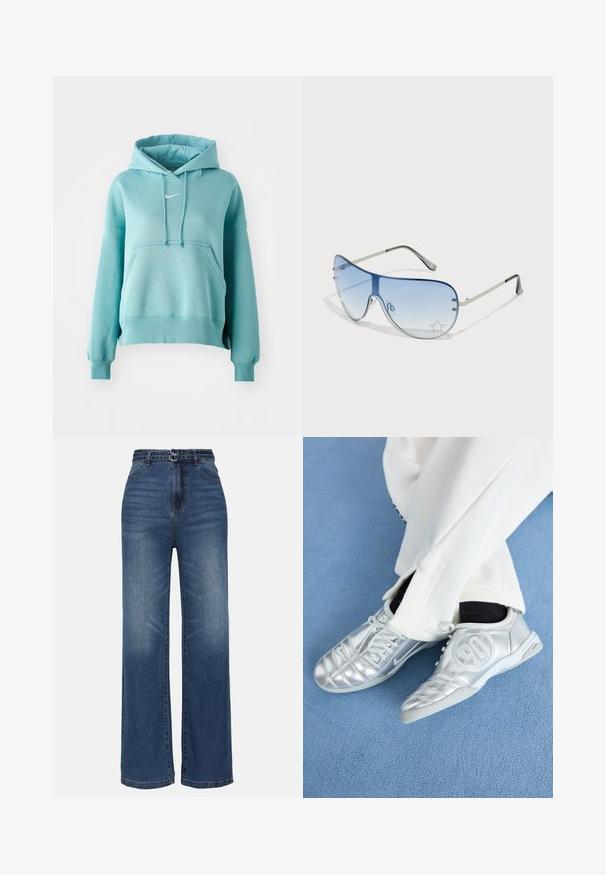 Turkoosi huppari, jossa on kenguru-tasku, resorit hihansuissa ja helman reunassa. Rinnassa on pieni valkoinen Nike-logo.; Leveled blue denim hameharama me te waewae whānui e ngākau ana i te kūaha teitei, e kākahu ana i ngā pātea rapa e rua, e whai ngā āhua mōhio, ana he huinga rima pēke paerewa.; Hopeiset urheilukengät sileällä, kiiltävällä pinnalla, joissa on ommeltu kuvio ja numero 90 sivussa, yhdistettynä valkoisiin housuihin.; Aviator-mallin aurinkolasit, jotka ovat varustettu gradienttisilla sinisillä linsseillä, hopeisella metallikehyksellä ja koristeellisilla tähtikoristeilla linsseissä. Joustava ja viehättävä muotoilu.