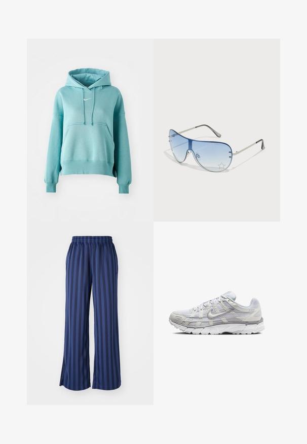 Sweatshirt capuz turquoise com bolso canguru, punhos e bainha canelados. Apresenta um pequeno logotipo branco da Nike no peito.; Calças largas feitas de um tecido suave e elástico, com riscas azul-escuras. A cinta é elástica, com rachas na barra para facilitar o movimento.; Sapatos atléticos cinza claro com parte superior em malha e sintético, apresentando um fecho de cordões, colarinho acolchoado e sola texturizada para aderência.; Óculos de sol aviador com lentes azuis em degradê, armação metálica prateada e detalhes decorativos de estrelas nas lentes. Design suave e elegante.