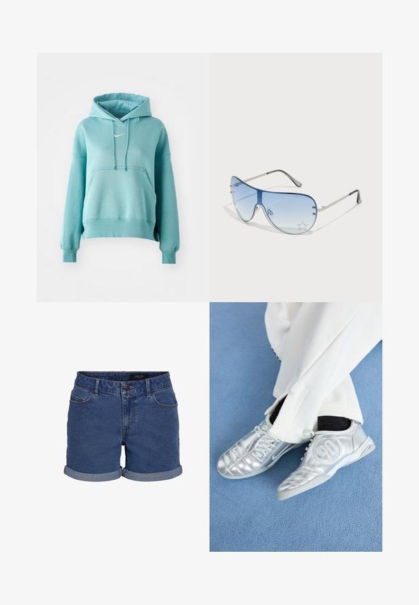 Tyrkismynte hettegenser med kengurulomme, ribbestrikkede mansjetter og kant. Har et lite hvitt Nike-logg på brystet.; Denimshorts i mørk blå med en klassisk snitt. Har rullet kant, to frontlommer, og knappelukking. Glatt tekstur.; Sølv atletikksko med en glatt, skinnende overflate, med et sydd design og tallet 90 på siden, kombinert med hvite bukser.; Pilotbriller med gradient blå linse, sølvfarget metallramme og dekorative stjerneaksenter på linsen. Glatt og stilren design.