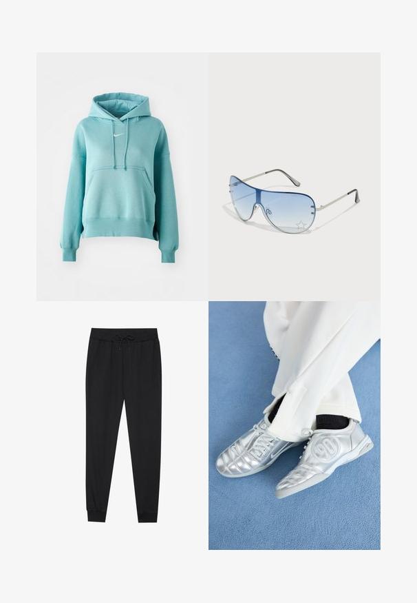 Türkisfarbener Kapuzenpullover mit Kängurutasche, gerippten Bündchen und Saum. Mit einem kleinen weißen Nike-Logo auf der Brust.; Schwarze Jogginghose aus weichem Stoff, mit elastischem Bund und Kordelzug, schmal zulaufenden Beinen und gerippten Bündchen an den Knöcheln.; Silberne Sportschuhe mit einer glatten, glänzenden Oberfläche, die ein genähtes Design und die Nummer 90 an der Seite aufweisen, kombiniert mit weißen Hosen.; Flugzeugbrille mit einem verlaufenden blauen Glase, silbernem Metallrahmen und dekorativen Sternelementen auf dem Glas. Glattes und elegantes Design.