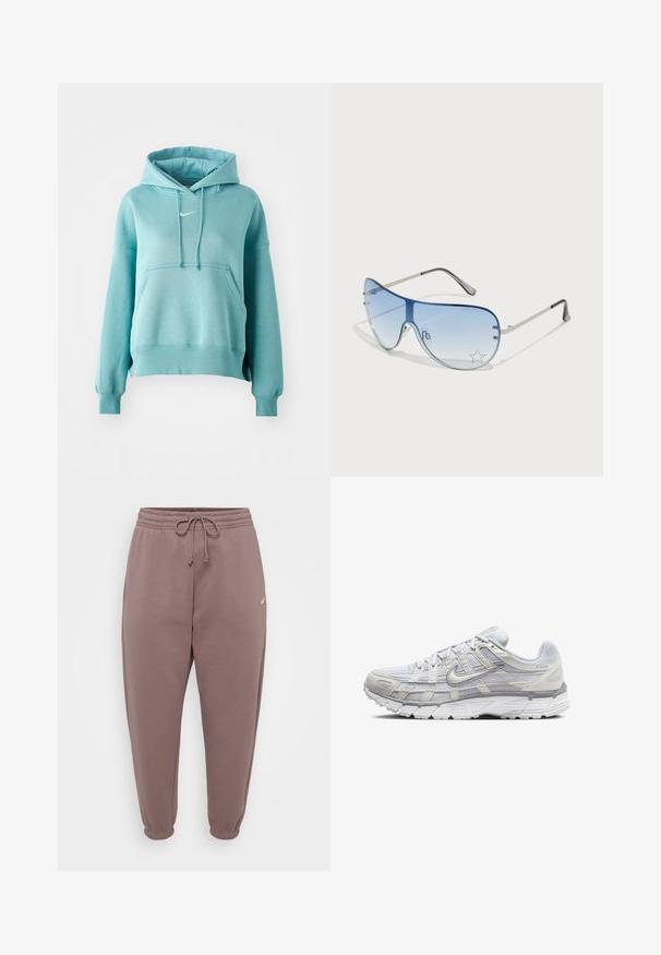 Turkizna kapuca s puloverjem s kenguru žepom, rebrastimi manšetami in robom. Na prsih je majhen bel Nike logotip.; Rjave trenirke z elastičnim pasom in nastavljivo vrvico. Imajo zožene hlačnice in majhen bel logotip spredaj.; Svetlo sivi atletski čevlji z zgornjim delom iz mrežaste in sintetične tkanine, opremljeni z vezalkami, oblazinjenim ovratnikom in teksturiranim podplatom za dober oprijem.; Pilotne sončne očala z gradijentnimi modrimi lečami, srebrnim kovinskim okvirjem in okrasnimi zvezdastimi detajli na lečah. Gladek in eleganten dizajn.