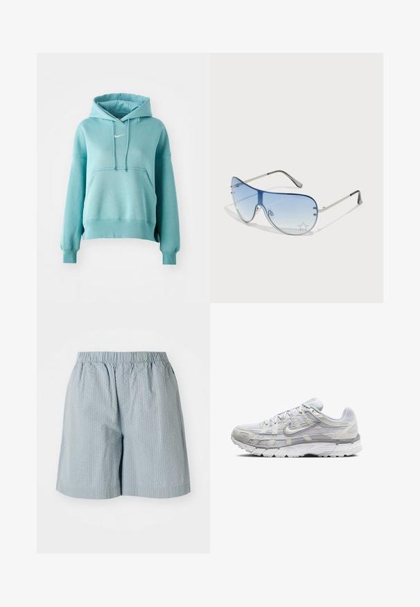 Turkis hættetrøje med kengurulomme, ribbede manchetter og kant. Har et lille hvidt Nike-logo på brystet.; Lysblå, teksturerede shorts med elastisk talje, der har en afslappet pasform og ingen synlige lommer eller metaldele.; Lys grå atletik sko med en overdel i mesh og syntetiske materialer, der har snørebånd, polstret krave og struktureret sål for godt greb.; Aviator-solbriller med gradient blå linser, sølvmetalramme og dekorative stjerneakcenter på linserne. Glat og strømlinet design.