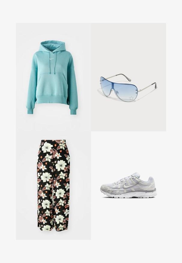 Turkos huvtröja med en känguruficka, ribbad mudd och nederkant. Har en liten vit Nike-logotyp på bröstet.; Svarta blommiga byxor med stora vita, orange och bruna blommor, med en lös, vid bendesign och mjukt, lätt material.; Ljust grå sportskor med ovandel i mesh och syntetmaterial, med snörning, vadderad krage och texturerad sula för grepp.; Pilotglasögon med gradientblå linser, silverfärgad metallram och dekorativa stjärnaccenter på linserna. Snygg och elegant design.