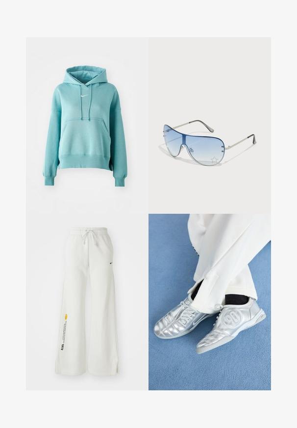 Tirkīza krāsas kapuce ar kangaroo kabatu, ribotām piedurknēm un apakšmalu. Iekļauj nelielu baltu Nike logo uz krūškurvja.; Baltas, platveida sporta bikses ar elastīgu jostu, auklu, sānu šķērsojumiem, melnu Nike logotipu un kontrastējošu dzeltenu grafisko tekstu.; Sudraba sporta apavi ar gludu, spīdīgu apdari, ar šūtu dizainu un numuru 90 sānos, apvienoti ar baltām biksēm.; Pilotstila saulesbrilles ar gradienta zilām lēcām, sudraba metāla rāmjiem un dekoratīvām zvaigžņu akcentiem uz lēcām. Gluda un eleganta dizaina.