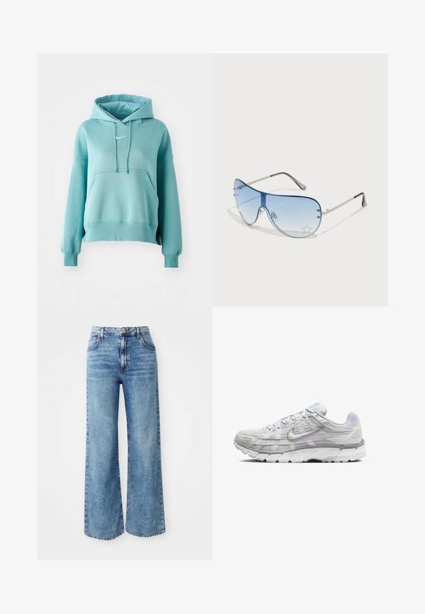 Turkoosi huppari, jossa on kenguru-tasku, resorit hihansuissa ja helman reunassa. Rinnassa on pieni valkoinen Nike-logo.; Vaaleansiniset farkut, joissa on leveät lahkeet ja korkea vyötärö. Ne sisältävät viisi taskua, pääpainon napin kiinnityksen ja kontrastiväriset saumat.; Vaaleanharmaat urheilukengät, joissa on verkkomateriaali ja synteettinen päällinen. Varusteena on narutettavuus, pehmustettu nilkkaosa ja uritettu pohja pidon parantamiseksi.; Aviator-mallin aurinkolasit, jotka ovat varustettu gradienttisilla sinisillä linsseillä, hopeisella metallikehyksellä ja koristeellisilla tähtikoristeilla linsseissä. Joustava ja viehättävä muotoilu.