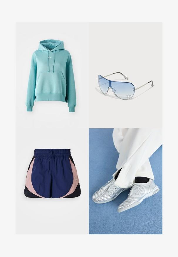 Tyrkismynte hettegenser med kengurulomme, ribbestrikkede mansjetter og kant. Har et lite hvitt Nike-logg på brystet.; Nike treningsshorts med elastisk livline, med marina, rosa og svarte paneler. Laget av lett, teksturert stoff.; Sølv atletikksko med en glatt, skinnende overflate, med et sydd design og tallet 90 på siden, kombinert med hvite bukser.; Pilotbriller med gradient blå linse, sølvfarget metallramme og dekorative stjerneaksenter på linsen. Glatt og stilren design.