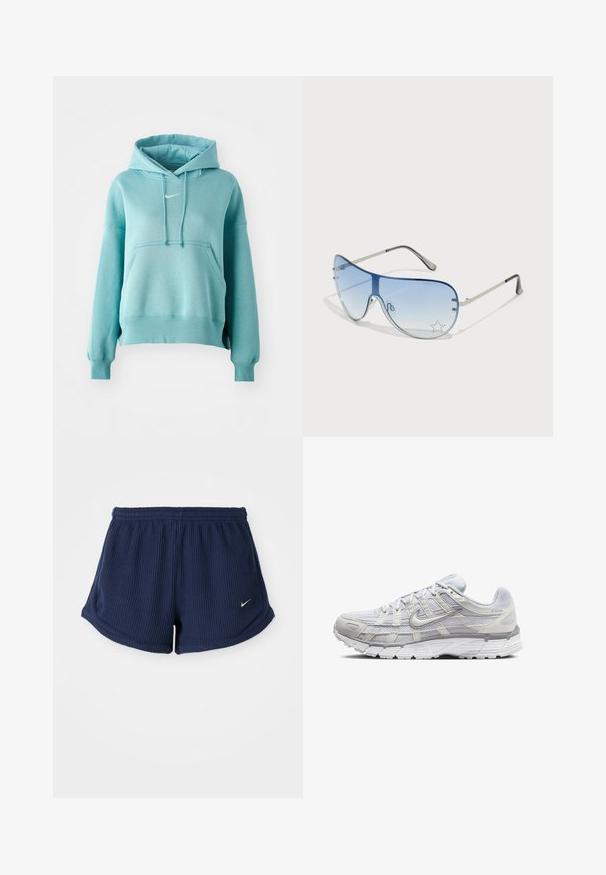 Turkizna kapuca s puloverjem s kenguru žepom, rebrastimi manšetami in robom. Na prsih je majhen bel Nike logotip.; Marino modri, rebrasti športni šorti z elastičnim pasom, z majhnim belim logotipom Nike na spodnji strani. Mehka tekstura blaga.; Svetlo sivi atletski čevlji z zgornjim delom iz mrežaste in sintetične tkanine, opremljeni z vezalkami, oblazinjenim ovratnikom in teksturiranim podplatom za dober oprijem.; Pilotne sončne očala z gradijentnimi modrimi lečami, srebrnim kovinskim okvirjem in okrasnimi zvezdastimi detajli na lečah. Gladek in eleganten dizajn.
