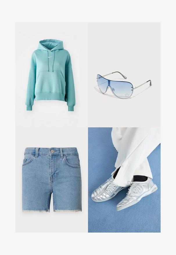 Tyrkismynte hettegenser med kengurulomme, ribbestrikkede mansjetter og kant. Har et lite hvitt Nike-logg på brystet.; Lys blå denimshorts med en frynset kant, fem lommer og beltehemper. Knapplukking i midjen.; Sølv atletikksko med en glatt, skinnende overflate, med et sydd design og tallet 90 på siden, kombinert med hvite bukser.; Pilotbriller med gradient blå linse, sølvfarget metallramme og dekorative stjerneaksenter på linsen. Glatt og stilren design.
