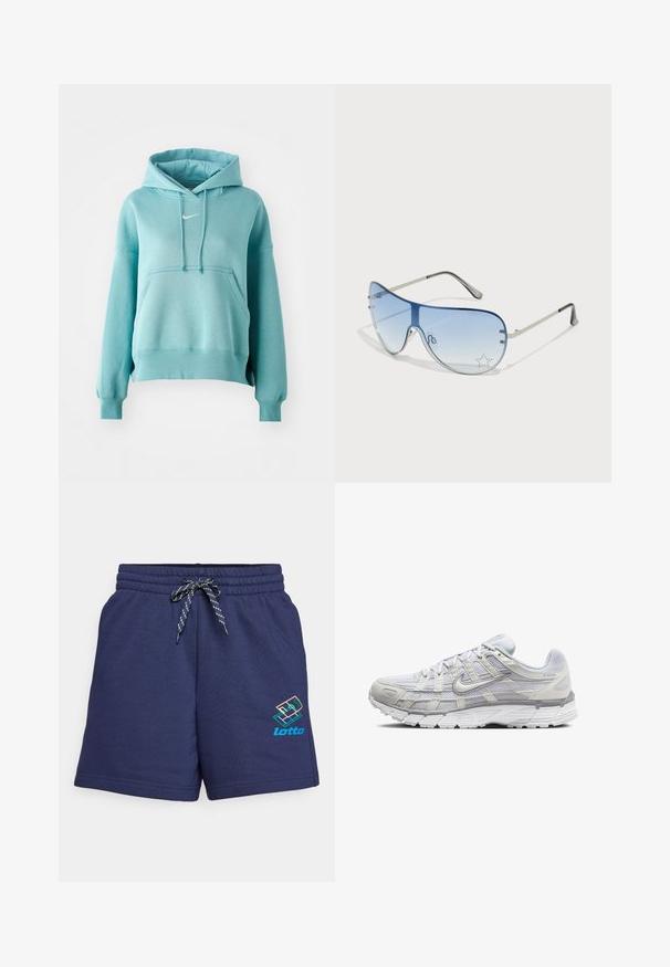 Türkoosis kapuutsiga spordijakk, millel on ees tasku, soonikud käiste ja allservas. Rinnal on väike valge Nike logo.; Tumed sinise värvusega spordilühikesed püksid, millel on elastne vöökoht, nöör ja rohelise ning sinise tooni aktsendid, ning külje peal mitmevärviline Lotto logo.; Heledad hallid spordijalatsid, millel on sidesilmustega ja sünteetilisest ülemisest osa, pehme krae ning tekstuuriga põhi, mis tagab haarduvuse.; Aviatori prillid, millel on gradient sinine objektiiv, hõbedane metallraam ja dekoratiivsed staaraktsendid objektiivil. Sujuv ja stiilne disain.