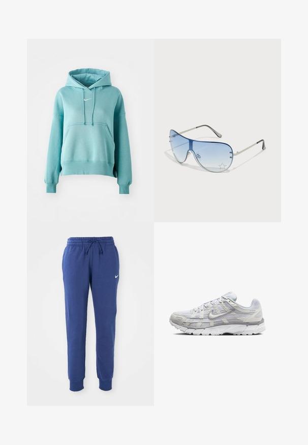 Tirkīza krāsas kapuce ar kangaroo kabatu, ribotām piedurknēm un apakšmalu. Iekļauj nelielu baltu Nike logo uz krūškurvja.; Zilas Nike treniņbikses ar elastīgu jostu, auklu, pieguļošām potītēm un baltu Nike zvīņa logo kreisajā augšstilbā.; Gai pelēki sporta apavi ar sietiņa un sintētisku augšdaļu, ar auklām, mīkstu apkakli un strukturētu zoli saķerei.; Pilotstila saulesbrilles ar gradienta zilām lēcām, sudraba metāla rāmjiem un dekoratīvām zvaigžņu akcentiem uz lēcām. Gluda un eleganta dizaina.