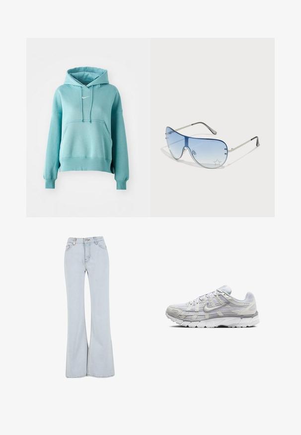 Türkiz kapucnis pulóver kenguruzsebbel, bordás mandzsettákkal és aljjal. A mellkasán egy kis fehér Nike logó található.; Fénykék színű, harangszárú farmernadrág, magas derékkal, öt zsebbel és kontrasztos varrásokkal az illesztéseken.; Világosszürke sportcipők, hálós és szintetikus felső résszel, fűzős zárással, párnázott bokával és texturált talppal a tapadás érdekében.; Pilóta napszemüveg, melynek áttetsző kék lencséje, ezüst fém kerete és díszes csillag díszítések találhatók a lencsén. Simogató és elegáns dizájn.