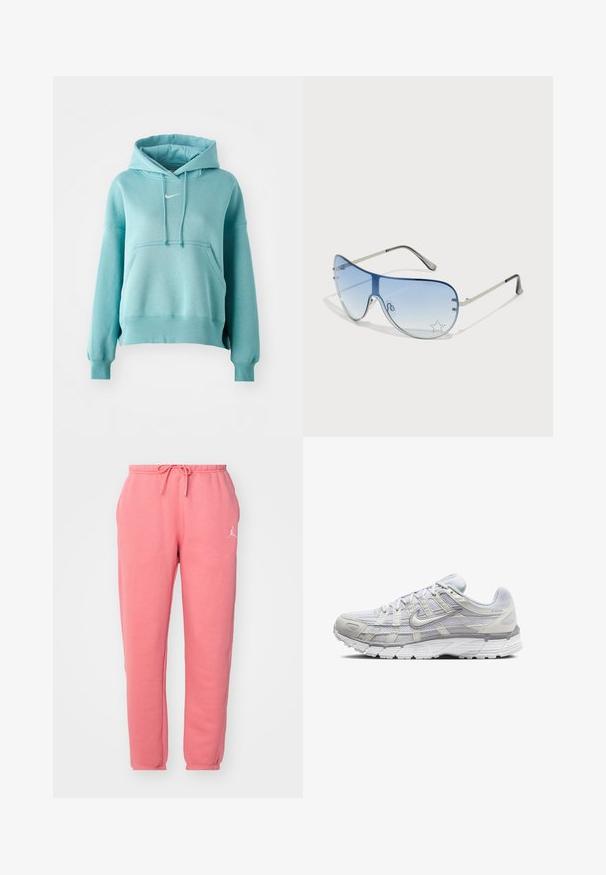 Τυρκουάζ φούτερ με κουκούλα, τσέπη καγκουρό, και ριμπ μανσέτες και στρίφωμα. Διαθέτει μικρό λευκό λογότυπο Nike στο στήθος.; Ροζ φόρμες με ελαστική μέση και κορδόνι, διαθέτουν λευκό λογότυπο στην αριστερή πλευρά και απαλή, λεία υφή.; Ανοιχτό γκρι αθλητικά παπούτσια με επάνω μέρος από πλέγμα και συνθετικό υλικό, διαθέτοντας κλείσιμο με κορδόνια, επενδεδυμένο προφιλέο και υφασμάτινη σόλα για καλύτερη πρόσφυση.; Γυαλιά ηλίου aviator με γκριδενά μπλε φακούς, ασημένιο μεταλλικό σκελετό και διακοσμητικά αστέρια στους φακούς. Λείος και κομψός σχεδιασμός.