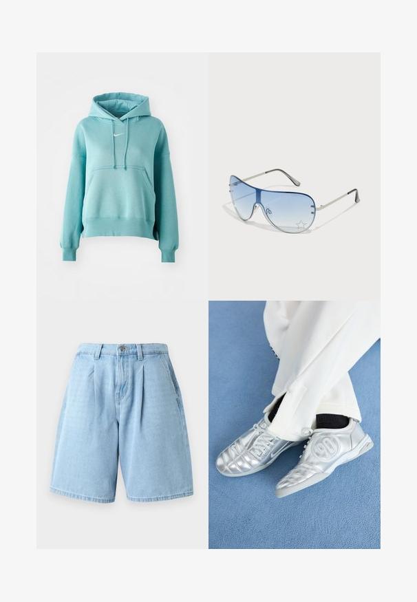 Turkos huvtröja med en känguruficka, ribbad mudd och nederkant. Har en liten vit Nike-logotyp på bröstet.; Ljusblå denimshorts med avslappnad passform, med framfickor, bältesömar och klassisk femfickdesign.; Silverfärgade träningsskor med en slät, glänsande yta, med en sömnaddesign och siffran 90 på sidan, ihop med vita byxor.; Pilotglasögon med gradientblå linser, silverfärgad metallram och dekorativa stjärnaccenter på linserna. Snygg och elegant design.