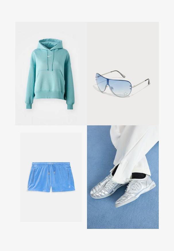 Türkiz kapucnis pulóver kenguruzsebbel, bordás mandzsettákkal és aljjal. A mellkasán egy kis fehér Nike logó található.; Világoskék velúr rövidnadrág rugalmas derékkal, zsinórral és két oldalsó cipzáras zsebbel. A combon egy apró hímzett logó található.; Ezüst sportcipők sima, fényes felülettel, varrott mintázattal és a 90-es számmal az oldalán, fehér nadrággal párosítva.; Pilóta napszemüveg, melynek áttetsző kék lencséje, ezüst fém kerete és díszes csillag díszítések találhatók a lencsén. Simogató és elegáns dizájn.