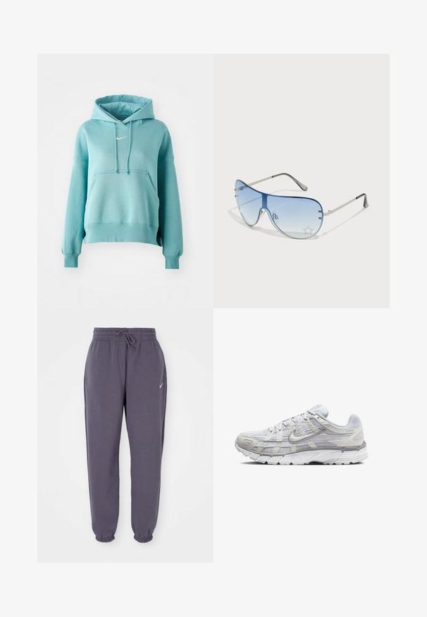 Tyrkysová mikina s kapucňou a klokánkovou kapsou, s rebrovanými manžetami a lemom. Má malé biele logo Nike na hrudi.; Šedé zúžené tepláky s elastickým pásom a šnúrkou. Obsahujú malé logo značky na ľavom stehne. Hladká textura.; Svetlo šedé športové topánky s vrchom z ďalekého a syntetického materiálu, so šnurovacím uzáverom, polstrovaným golierom a štruktúrovanou podrážkou pre lepšiu priľnavosť.; Pilotné slnečné okuliare s prechodovým modrým sklom, strieborným kovovým rámom a ozdobnými hviezdičkovými akcentmi na sklách. Hladký a elegantný dizajn.