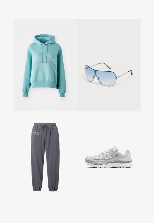 Turkis hættetrøje med kengurulomme, ribbede manchetter og kant. Har et lille hvidt Nike-logo på brystet.; Mørkegrå sweatpants i blødt materiale, med elastisk talje, snøre og samlede manchetter. Inkluderer broderet mærketekst.; Lys grå atletik sko med en overdel i mesh og syntetiske materialer, der har snørebånd, polstret krave og struktureret sål for godt greb.; Aviator-solbriller med gradient blå linser, sølvmetalramme og dekorative stjerneakcenter på linserne. Glat og strømlinet design.