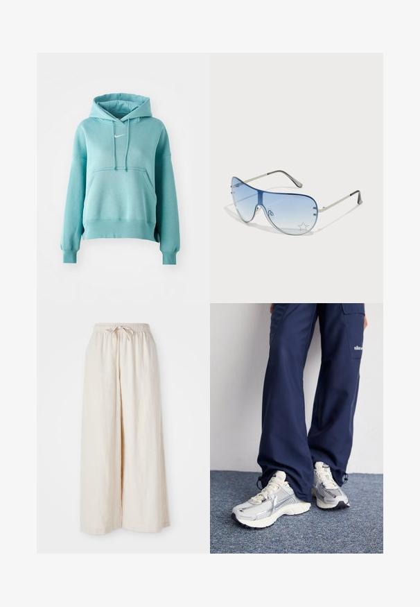 Sweatshirt à capuche turquoise avec une poche kangourou, des poignets et un ourlet côtelés. Présente un petit logo Nike blanc sur la poitrine.; Pantalons larges de couleur crème avec une taille élastique et un cordon de serrage. Tissu en lin léger et lisse, sans motifs ni matériel visible.; Baskets de sport Nike avec une tige en maille argentée, des accents blancs et des semelles texturées, associées à un pantalon marine ample.; Lunettes de soleil aviateur avec des verres dégradés bleus, une monture en métal argenté et des accents décoratifs en forme d'étoile sur les verres. Design lisse et élégant.