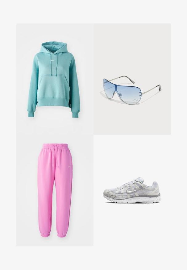 Tirkīza krāsas kapuce ar kangaroo kabatu, ribotām piedurknēm un apakšmalu. Iekļauj nelielu baltu Nike logo uz krūškurvja.; Rozā sporta bikses ar elastīgu jostu un šnēru. Piedurknes ir sapakotas. Uz kreisā augšstilba ir neliels balts Nike logo.; Gai pelēki sporta apavi ar sietiņa un sintētisku augšdaļu, ar auklām, mīkstu apkakli un strukturētu zoli saķerei.; Pilotstila saulesbrilles ar gradienta zilām lēcām, sudraba metāla rāmjiem un dekoratīvām zvaigžņu akcentiem uz lēcām. Gluda un eleganta dizaina.
