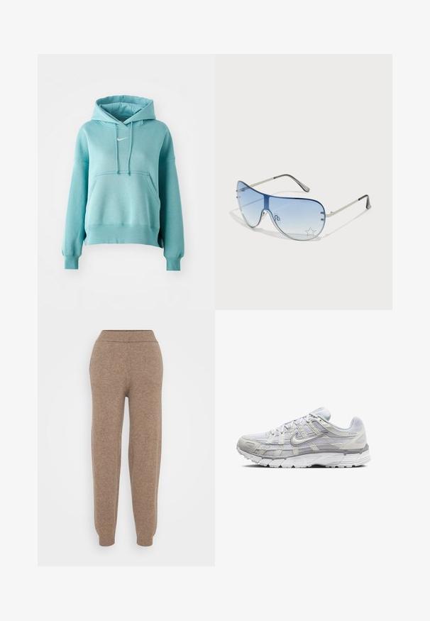 Sweatshirt capuz turquoise com bolso canguru, punhos e bainha canelados. Apresenta um pequeno logotipo branco da Nike no peito.; Calças de moletão castanhas, tricotadas, com uma cintura e punhos canelados, apresentando uma textura suave e um design afunilado para um ajuste descontraído.; Sapatos atléticos cinza claro com parte superior em malha e sintético, apresentando um fecho de cordões, colarinho acolchoado e sola texturizada para aderência.; Óculos de sol aviador com lentes azuis em degradê, armação metálica prateada e detalhes decorativos de estrelas nas lentes. Design suave e elegante.