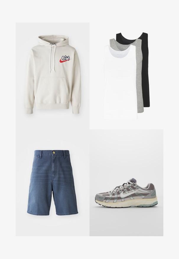 Hoodie de couleur crème avec une poche frontale et des cordons blancs, et un logo "Air" stylisé en bleu et rouge sur la poitrine.; Trois débardeurs en blanc, gris et noir. Chacun présente un design classique sans manches, fabriqué en coton léger avec une texture côtelée.; Shorts en denim bleu foncé, avec une fermeture à bouton, des passants de ceinture et deux poches avant. Texture lisse avec une coupe droite.; Chaussure de sport grise avec une tige en mesh et en daim, accents blancs, semelle rembourrée et un design distinctif avec des éléments réfléchissants.