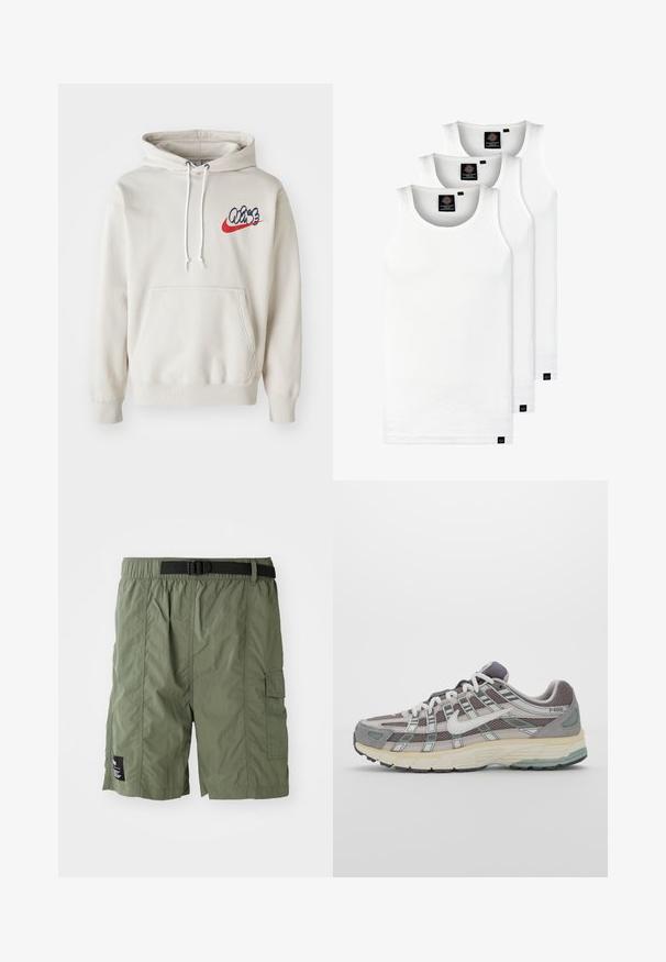 Krēma krāsas kapuce ar priekšējo kabatu un baltām auklām, uz krūtīm ar stilizētu "Air" logo zilā un sarkanā krāsā.; Trīs baltas ribotas krūšturi, kas izgatavoti no kokvilnas. Iezīmēti ar apaļu kakla izgriezumu un maziem melniem etiķetēm tuvu apakšmalai. Pieejami vairākos izmēros.; Olīvu zaļi cargo šorti ar elastīgu jostu un melnu sprādzi. Iespējas: sānu kabatas un mazs zīmola uzlīme uz apakšējās kājas.; Pelēkie sporta apavi ar tīkla un zamša augšdaļu, baltiem akcentiem, mīkstinātu zoli un izcilu dizainu ar atstarotājiem.