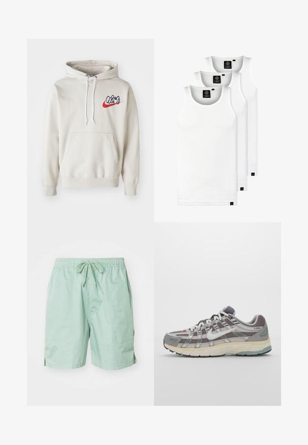 Cream-colored hoodie featuring a front pocket and white drawstrings, with a stylized "Air" logo in blue and red on the chest.; Three white ribbed tank tops made of cotton. Features a crew neck and small black labels near the hem. Available in multiple sizes.; Light green swim shorts made of smooth fabric, featuring an elastic waistband with drawstring, side pockets, and short length.; Gray athletic shoe featuring a mesh and suede upper, white accents, a cushioned sole, and a distinctive design with reflective elements.