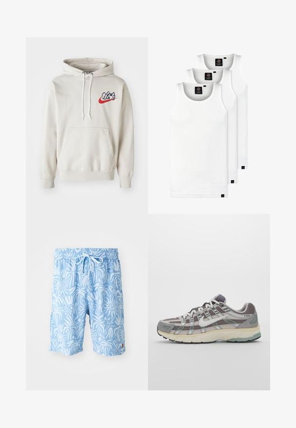 Krémszínű kapucnis pulóver, elülső zsebbel és fehér húzózsinórokkal, kék és piros színű stilizált "Air" logóval a mellkasán.; Három fehér csíkos pamut trikó. Felső része kerek nyakkivágású, és a szegély közelében kis fekete címkék találhatók. Több méretben elérhető.; Világoskék fürdőnadrág fehér absztrakt mintával, rugalmas derékpánttal és zsinórral. Logó az elülső bal oldalon és oldalsó hasítékok a szegélyen.; Szürke sportcipő, hálós és velúr felsőrésszel, fehér részletekkel, párnázott talppal és jellegzetes dizájnnal, amely visszaverő elemeket tartalmaz.
