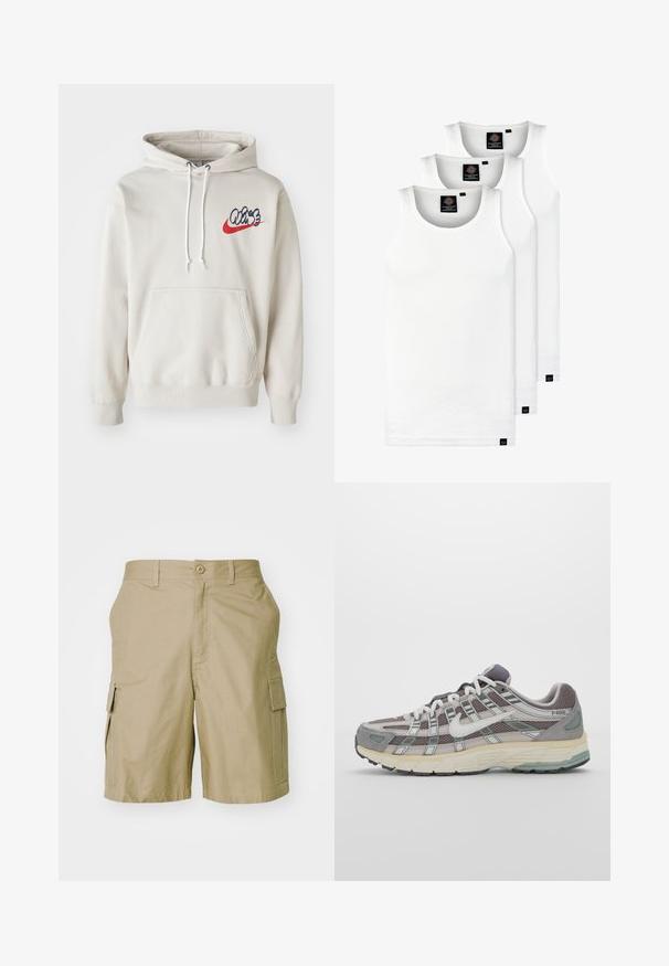 Kremfarget hettegenser med frontlomme og hvite snorer, med en stilisert "Air"-logo i blått og rødt på brystet.; Tre hvite ribbestrikkede tank topper laget av bomull. Har en rund hals og små svarte etiketter nær kanten. Tilgjengelig i flere størrelser.; Nike Sportswear CLUB - Shorts - khaki; Grå treningssko med overdel i nett og semsket skinn, hvite detaljer, en polstret såle, og et særpreget design med reflekterende elementer.