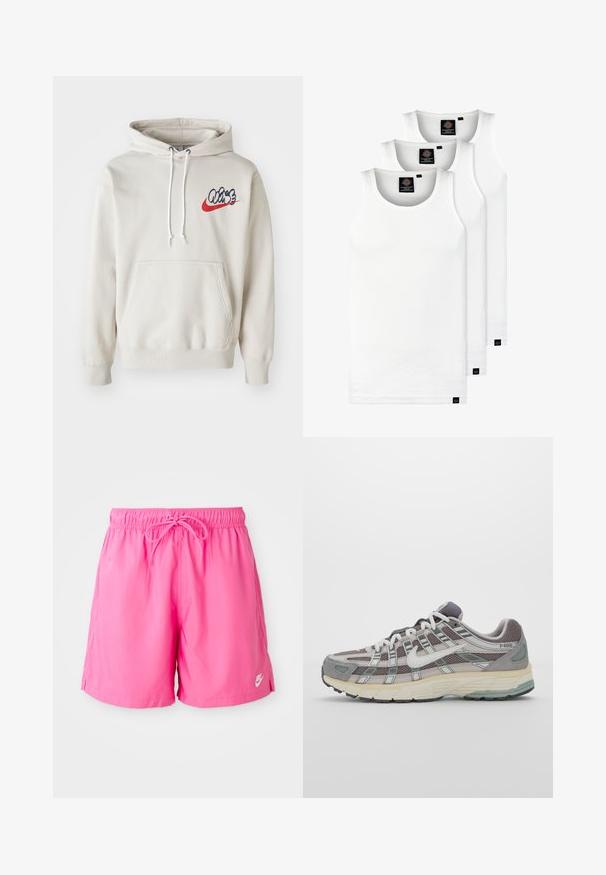 Kremfarget hettegenser med frontlomme og hvite snorer, med en stilisert "Air"-logo i blått og rødt på brystet.; Tre hvite ribbestrikkede tank topper laget av bomull. Har en rund hals og små svarte etiketter nær kanten. Tilgjengelig i flere størrelser.; Rosa idrettsshorts med elastisk liv og snor. Laget av lett materiale, med sideslisser og en liten logo-detalj.; Grå treningssko med overdel i nett og semsket skinn, hvite detaljer, en polstret såle, og et særpreget design med reflekterende elementer.