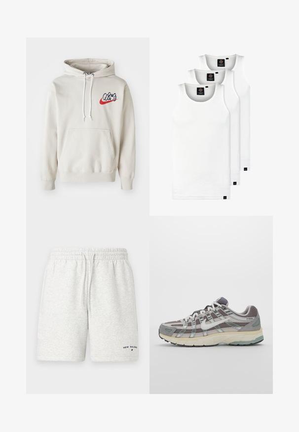 Krémszínű kapucnis pulóver, elülső zsebbel és fehér húzózsinórokkal, kék és piros színű stilizált "Air" logóval a mellkasán.; Három fehér csíkos pamut trikó. Felső része kerek nyakkivágású, és a szegély közelében kis fekete címkék találhatók. Több méretben elérhető.; Világosszürke sporthoszt ezüst keverékből. Rugalmas derékpánt, zsinórral. Kis "New Balance" logóval rendelkezik sötétkék színben.; Szürke sportcipő, hálós és velúr felsőrésszel, fehér részletekkel, párnázott talppal és jellegzetes dizájnnal, amely visszaverő elemeket tartalmaz.