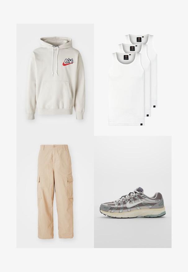 Krémszínű kapucnis pulóver, elülső zsebbel és fehér húzózsinórokkal, kék és piros színű stilizált "Air" logóval a mellkasán.; Három fehér csíkos pamut trikó. Felső része kerek nyakkivágású, és a szegély közelében kis fekete címkék találhatók. Több méretben elérhető.; Beige színű, laza szabású cargo nadrág, amely könnyű anyagból készült. Két oldalsó cargo zsebből és deréknál gombos záródásból áll.; Szürke sportcipő, hálós és velúr felsőrésszel, fehér részletekkel, párnázott talppal és jellegzetes dizájnnal, amely visszaverő elemeket tartalmaz.