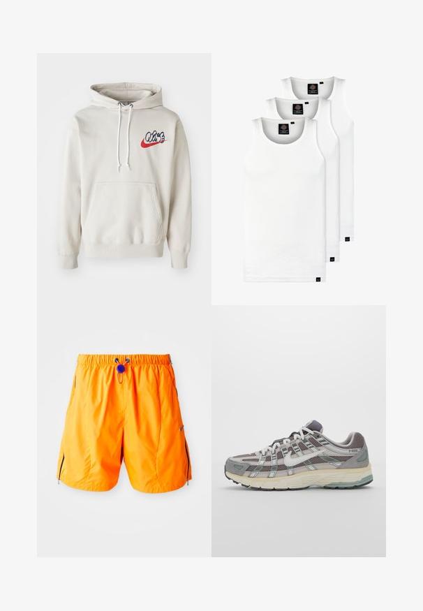 Kremna kapuca z žepom spredaj in belimi vrvicami, s stiliziranim logotipom "Air" v modri in rdeči barvi na prsih.; Tri bele rebraste majice brez rokavov iz bombaža. Imajo okroglo izreza in majhne črne etikete blizu roba. Na voljo v več velikostih.; Oranžne atletske kratke hlače z elastičnim pasom, nastavljivo vezico in stranskimi zadrgami. Narejene so iz gladkega, lahkega materiala.; Sive športne čevlje z zgornjim delom iz mrežastega in semiš materiala, belimi akcenti, oblazinjenim podplatom ter edinstvenim dizajnom z odsevnimi elementi.