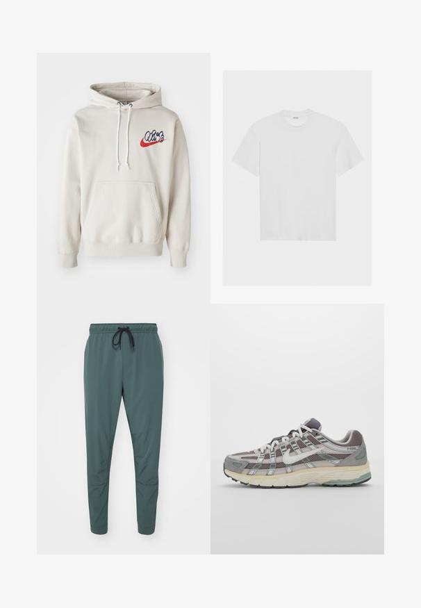 Krémszínű kapucnis pulóver, elülső zsebbel és fehér húzózsinórokkal, kék és piros színű stilizált "Air" logóval a mellkasán.; Fehér pamut póló rövid ujjakkal, kerek nyakkivágással és laza szabással. Simák a textúrája, és nincsenek látható minták vagy díszítések.; Nike Performance UNLIMITED PANT - Tréningruha alsók - vintage green/black; Szürke sportcipő, hálós és velúr felsőrésszel, fehér részletekkel, párnázott talppal és jellegzetes dizájnnal, amely visszaverő elemeket tartalmaz.
