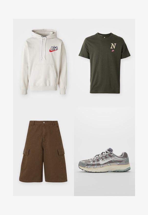 Kermanvärinen huppari, jossa on etutasku ja valkoiset nyörit, sekä tyylitelty "Air"-logo sinisessä ja punaisessa rinnassa.; Olivi vihreä puuvillainen t-paita lyhyillä hihoilla, jossa on suuri kuvioitu "N"-logo beigestä ja pieni vaaleanpunainen Nike-swoosh rinnassa.; Ruskeat cargo-shortsit, joissa on suora leikkaus, kaksi sivutaskua ja etunappi. Valmistettu kestävästä puuvillakankaasta, jossa on matta pinta.; Harmaa urheilukenkä, jossa on verkko- ja mokkanahkainen yläosa, valkoiset yksityiskohdat, pehmustettu pohja ja erottuva muotoilu heijastavilla elementeillä.