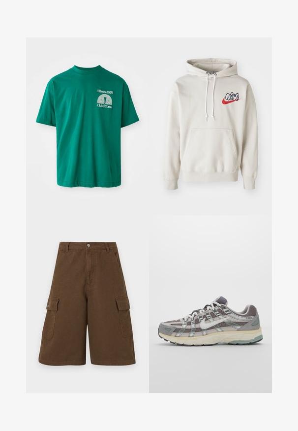 Kremfarget hettegenser med frontlomme og hvite snorer, med en stilisert "Air"-logo i blått og rødt på brystet.; Grønn bomulls T-skjorte med rund hals. Har en grafisk trykk i hvitt som leser "Ellesse 1959 Club di Corsa" på venstre bryst.; Brune cargo shorts med rett snitt, to sidelommer og frontlukking med knapp. Laget av slitesterk bomullsstoff med en matt finish.; Grå treningssko med overdel i nett og semsket skinn, hvite detaljer, en polstret såle, og et særpreget design med reflekterende elementer.
