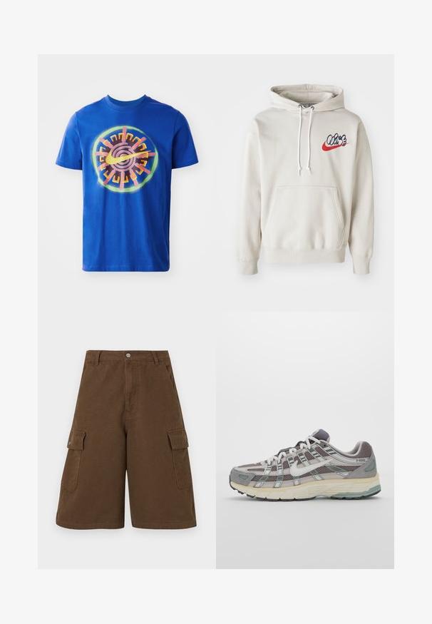 Hoodie creme, com um bolso frontal e cordões brancos, apresentando um logo estilizado "Air" em azul e vermelho no peito.; T-shirt de algodão azul com um design gráfico colorido em forma de círculo, apresentando formas geométricas e um logótipo em destaque na cor amarela.; Bermudas castanhas com corte reto, dois bolsos laterais e fecho frontal com botão. Feitas em tecido de algodão durável com acabamento mate.; Sapatilha atlética cinza com parte superior em malha e camurça, detalhes brancos, sola acolchoada e um design distinto com elementos refletivos.