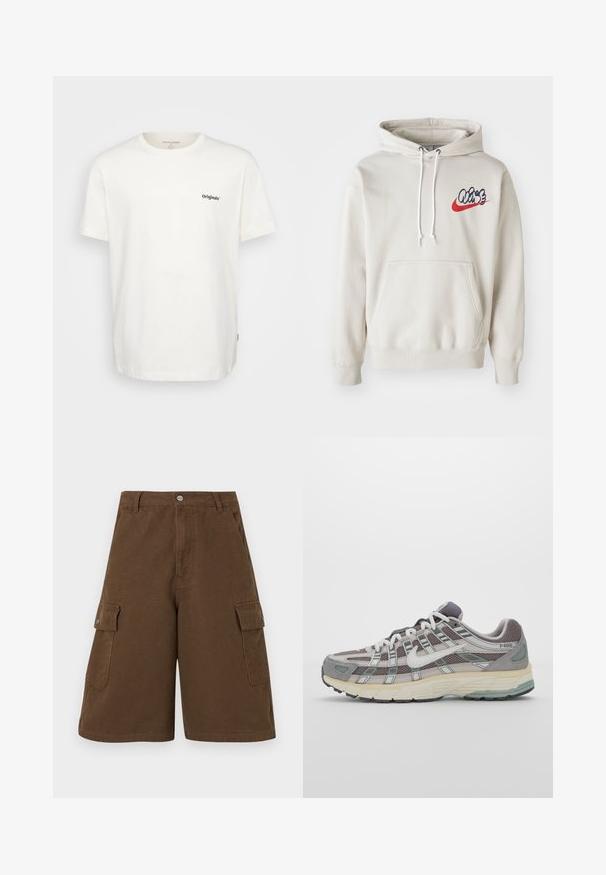 Grietos spalvos džemperis su priekiu kišene ir baltais raišteliais, krūtinėje su stilizuotu "Air" logotipu mėlynos ir raudonos spalvos.; Balta medvilninė marškinė su trumpomis rankovėmis, apvalia iškirpte ir juodu tekstu "Originals" kairėje pusėje. Minkšta tekstūra ir tiesus kirpimas.; Rudi cargo šortai su tiesia iškirpte, dviem šoninėmis kišenėmis ir priekyje užsegimo mygtuku. Pagaminti iš tvirtos medvilnės audinio su matinio paviršiaus apdaila.; Pilkas sportinis batas su tinklu ir zomšos viršutine dalimi, baltomis detalėmis, paminkštintu padu ir išskirtiniu dizainu su atspindinčiais elementais.
