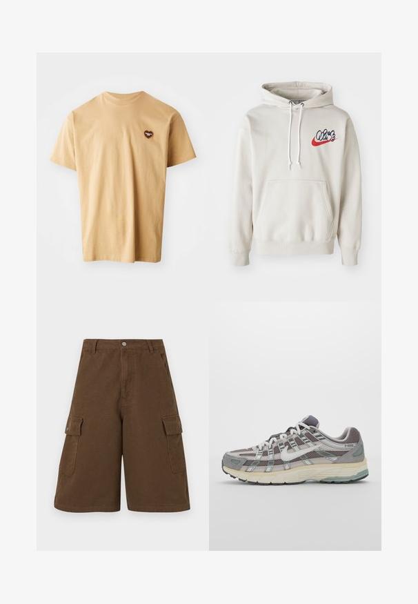 Kremna kapuca z žepom spredaj in belimi vrvicami, s stiliziranim logotipom "Air" v modri in rdeči barvi na prsih.; Bež majica iz bombaža s kratkimi rokavi, okroglog vratnim izrezom in majhnim rjavim srcolikom na levi prsni poti. Gladka tekstura, sproščen dizajn.; Rjave cargo kratke hlače z ravnim krojem, dvema stranskima žepoma in sprednjim gumbom. Narejene iz trpežnega bombažnega materiala z mat končno obdelavo.; Sive športne čevlje z zgornjim delom iz mrežastega in semiš materiala, belimi akcenti, oblazinjenim podplatom ter edinstvenim dizajnom z odsevnimi elementi.