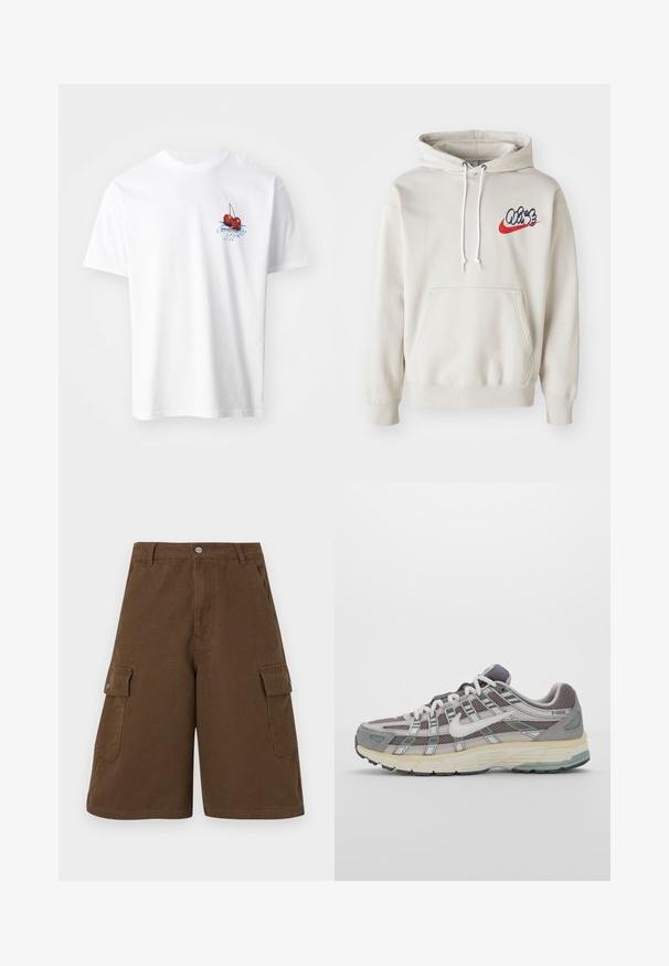 Cream-colored hoodie featuring a front pocket and white drawstrings, with a stylized "Air" logo in blue and red on the chest.; White cotton t-shirt featuring a red cherry graphic with green leaves and blue text on the left chest. Short sleeves and crew neckline.; Brown cargo shorts featuring a straight cut, two side pockets, and a front button closure. Made from durable cotton fabric with a matte finish.; Gray athletic shoe featuring a mesh and suede upper, white accents, a cushioned sole, and a distinctive design with reflective elements.